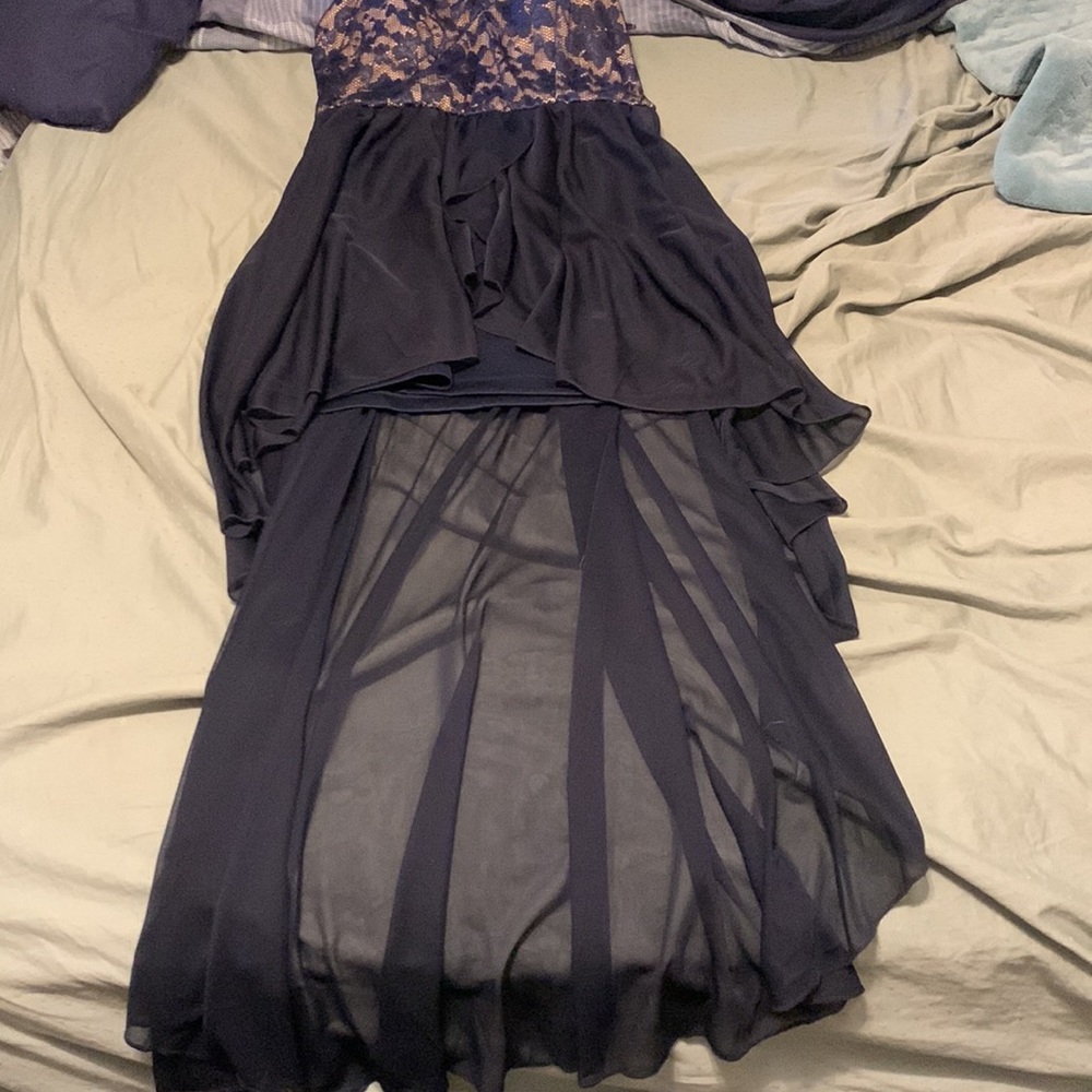 High low dress from prom girl. size 9 altered to a size 6. navy blue and nude - Picture 3 of 6